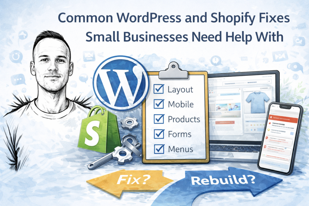 Sketch-style illustration of Paul Walsh with WordPress and Shopify symbols, website fix checklist, and website rebuild decision graphics