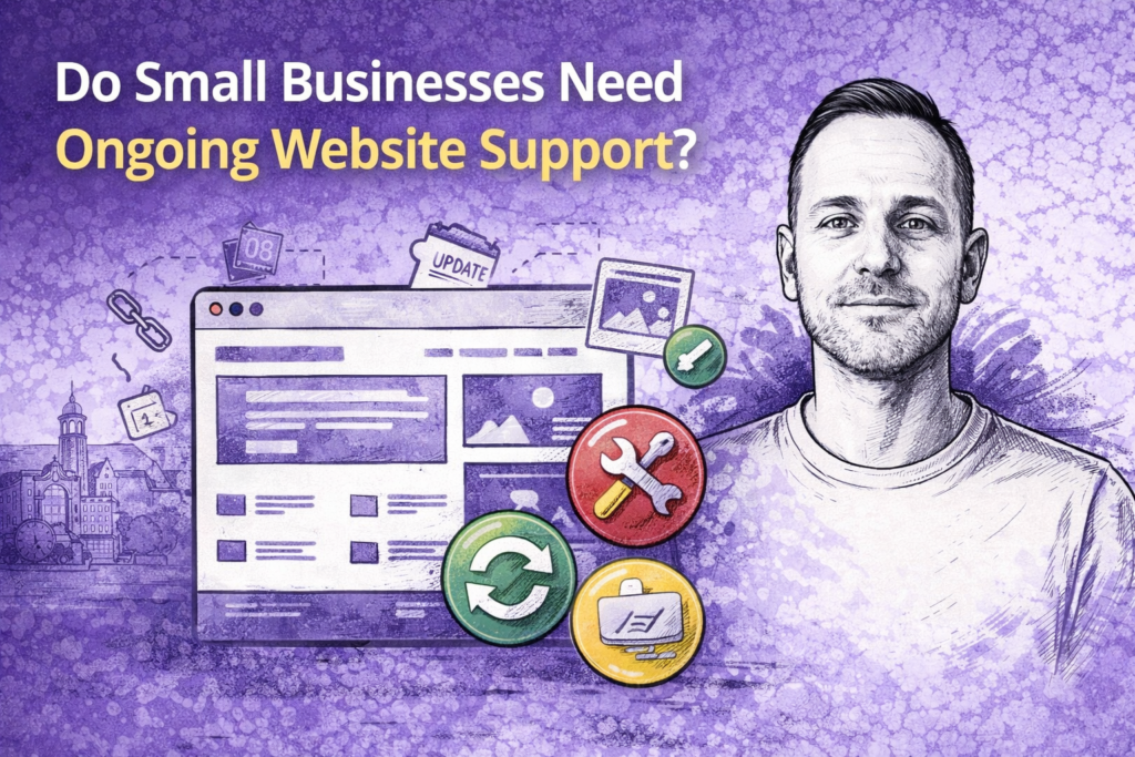 Featured image for blog post about ongoing website support for small businesses, showing Paul Walsh portrait with website maintenance and update graphics