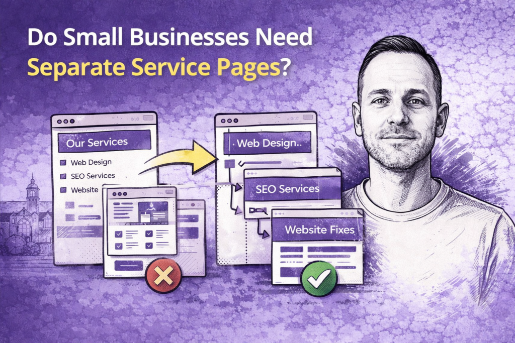 Featured image for blog post about separate service pages for small business websites, showing Paul Walsh portrait with website structure and service page graphics