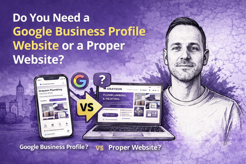 Featured image for blog post comparing a Google Business Profile website and a proper website, showing Paul Walsh portrait with mobile and laptop website graphics
