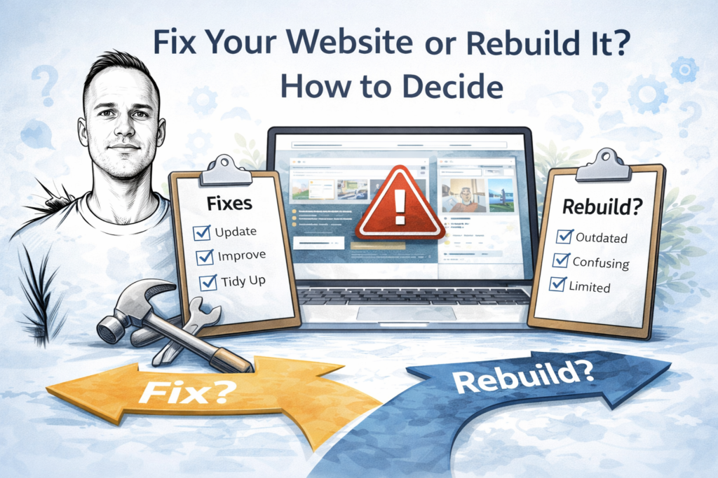 Sketch-style illustration of Paul Walsh with a laptop, tools and decision arrows showing whether to fix a website or rebuild it