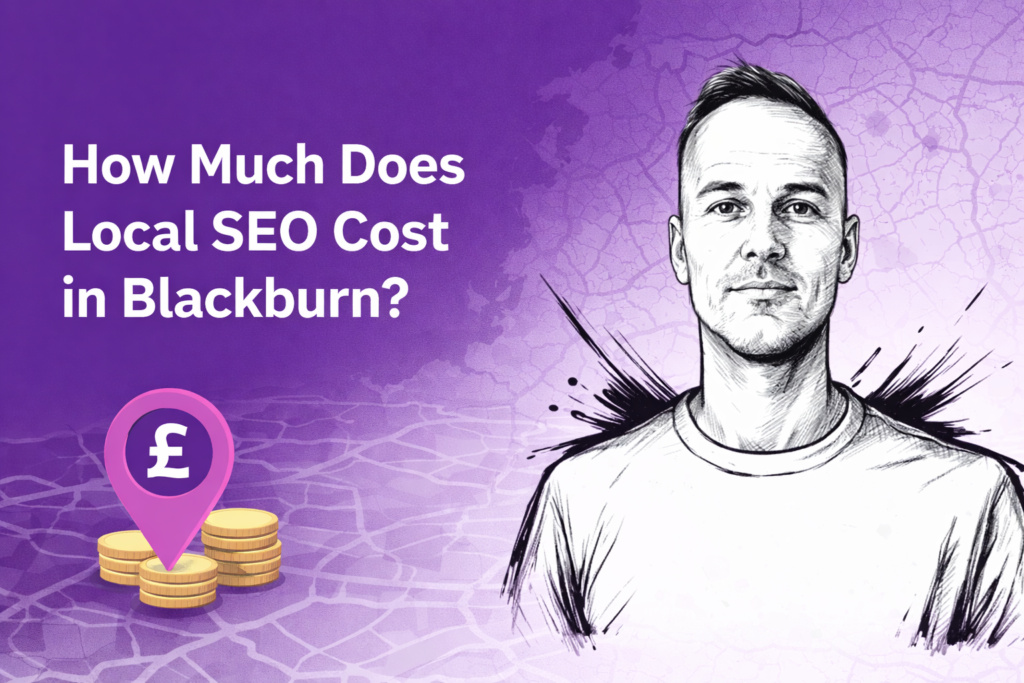 Featured image for blog post about local SEO costs in Blackburn, showing Paul Walsh portrait with pricing and map graphics
