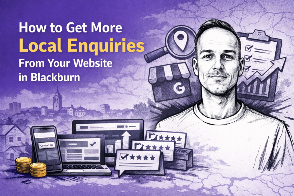 Featured image for blog post about getting more local enquiries from your website in Blackburn, showing Paul Walsh portrait with website, review and local SEO graphics