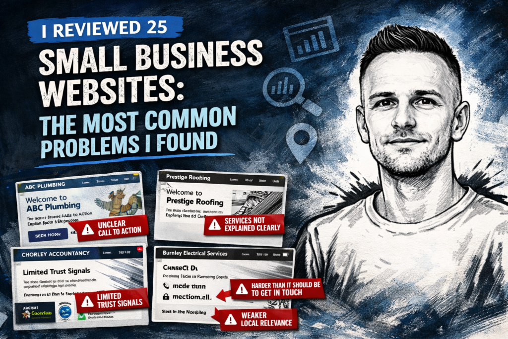 Featured image for a blog post about common problems found on small business websites, showing Paul Walsh in a sketch-style portrait alongside website review examples