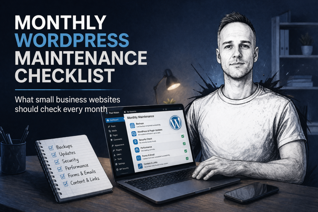 Illustrated banner showing Paul Walsh with a laptop and a WordPress maintenance checklist for small business websites