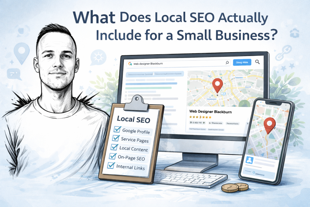 Sketch-style illustration of Paul Walsh with local SEO checklist, Google Business Profile map listing, and on-page SEO elements for small businesses