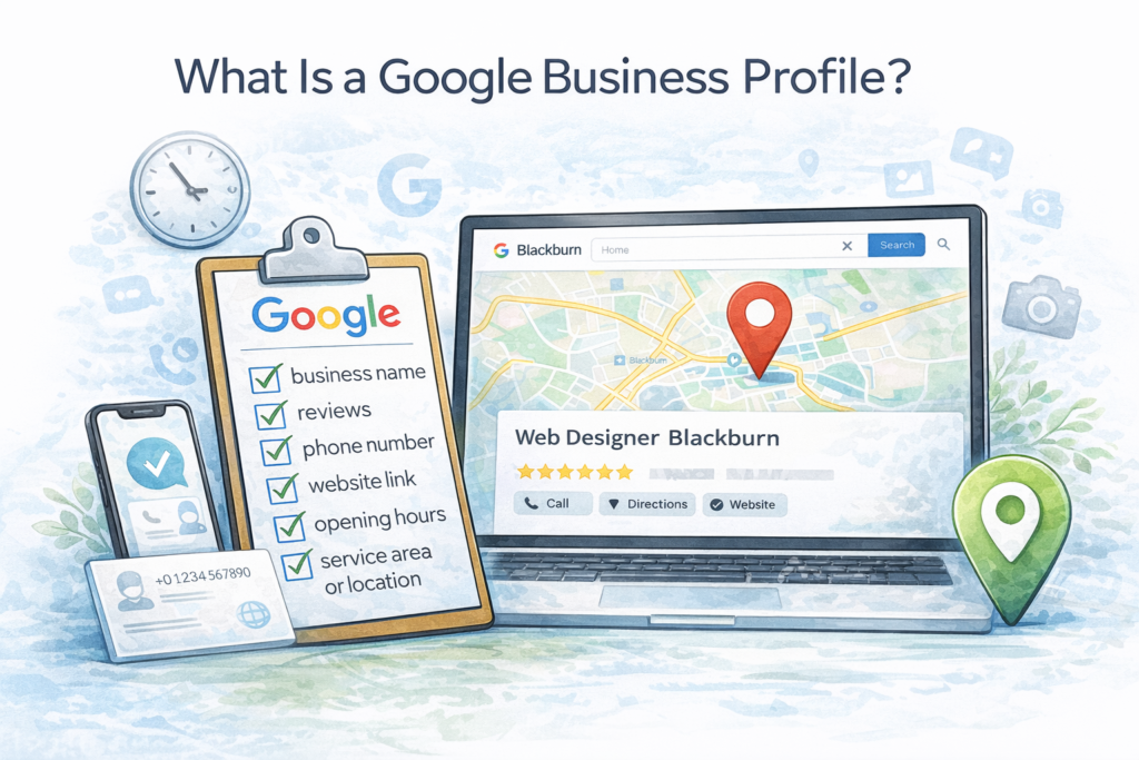 Illustration showing the key elements of a Google Business Profile, including business name, reviews, phone number, website link, opening hours and service area