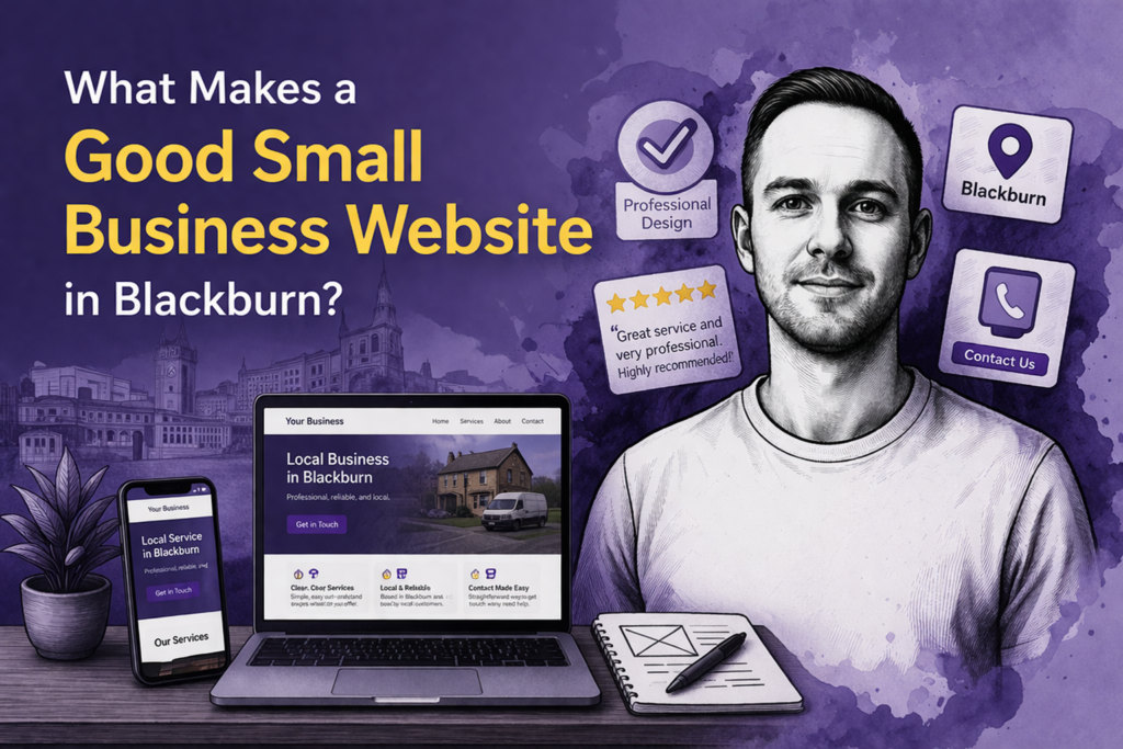 Featured image for blog post about what makes a good small business website in Blackburn, showing Paul Walsh portrait with website and trust signal graphics