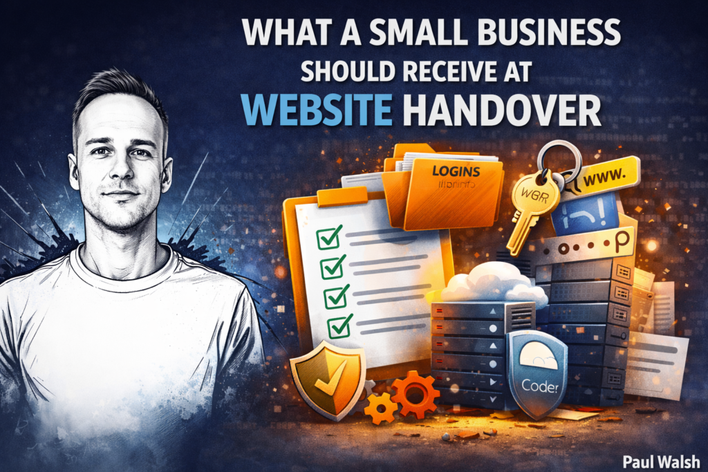 Featured image for blog post about what a small business should receive at website handover, showing Paul Walsh portrait with website handover and login graphics
