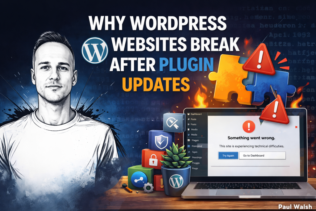 Featured image for blog post about why WordPress websites break after plugin updates, showing Paul Walsh portrait with plugin error and WordPress troubleshooting graphics
