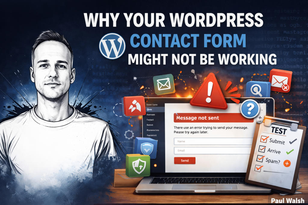 Featured image for blog post about why a WordPress contact form might not be working, showing Paul Walsh portrait with contact form error and troubleshooting graphics
