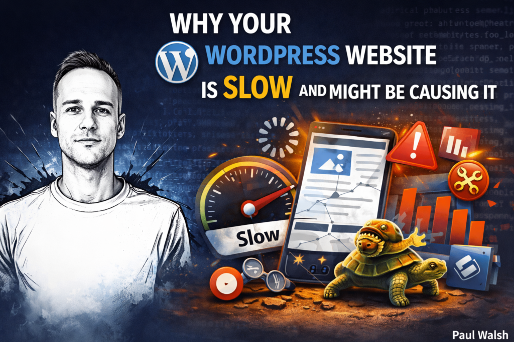 Featured image for blog post about why a WordPress website is slow, showing Paul Walsh portrait with speed and troubleshooting graphics