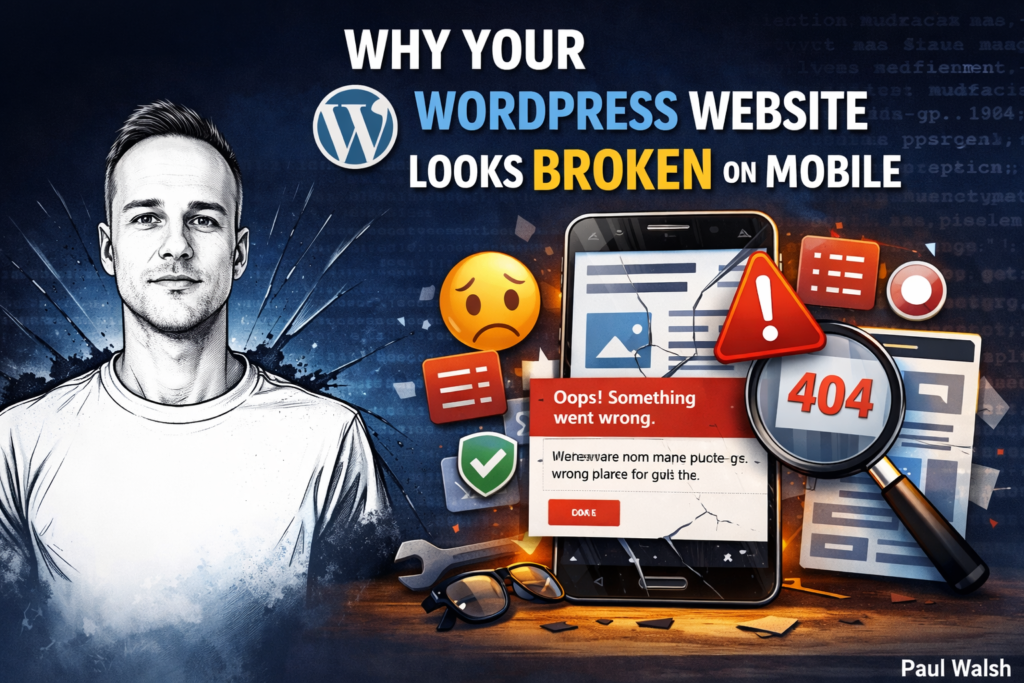 Featured image for blog post about why a WordPress website looks broken on mobile, showing Paul Walsh portrait with mobile error and troubleshooting graphics