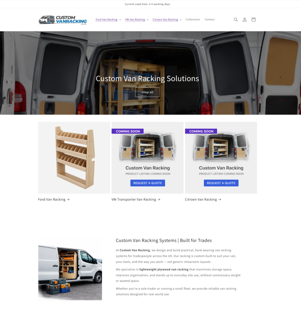 Custom Van Racking website screenshot