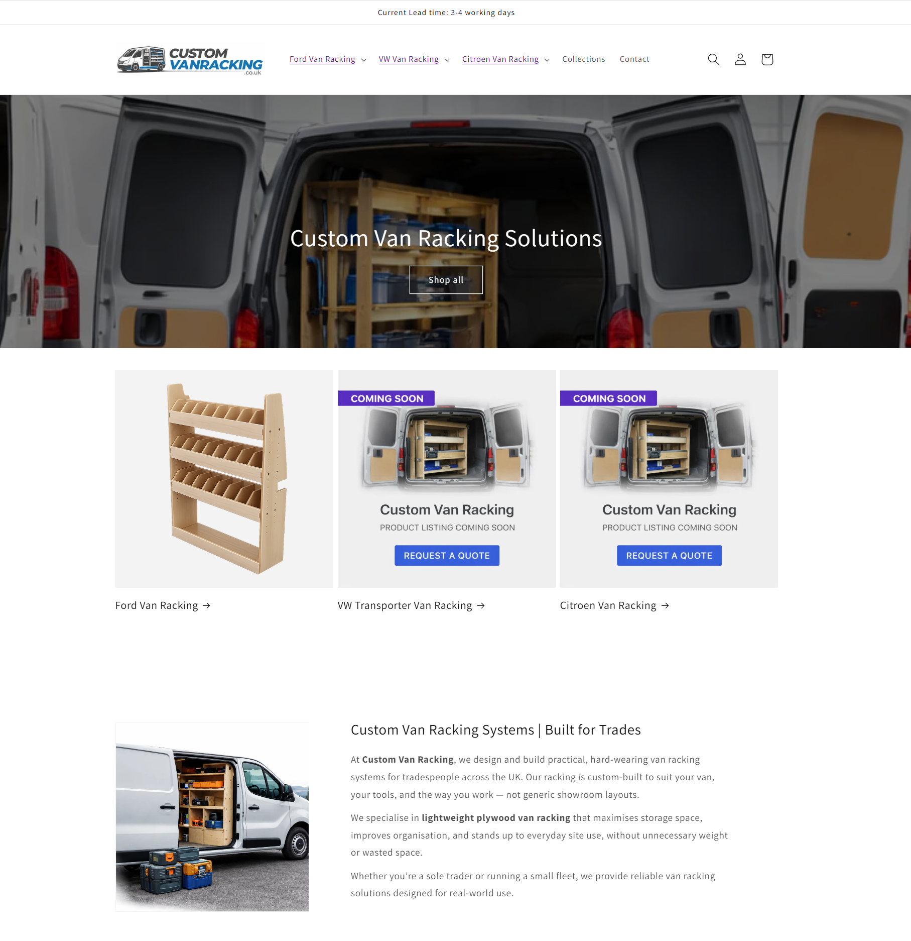 Custom Van Racking Shopify website