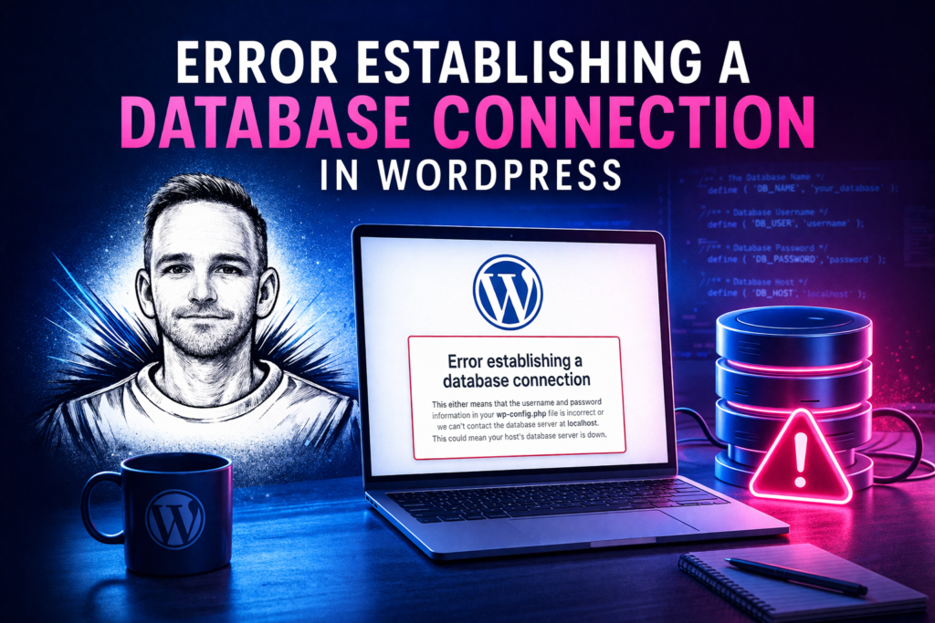 Illustration for a blog post about a WordPress database connection error, with warning symbols, database visuals and the usual character
