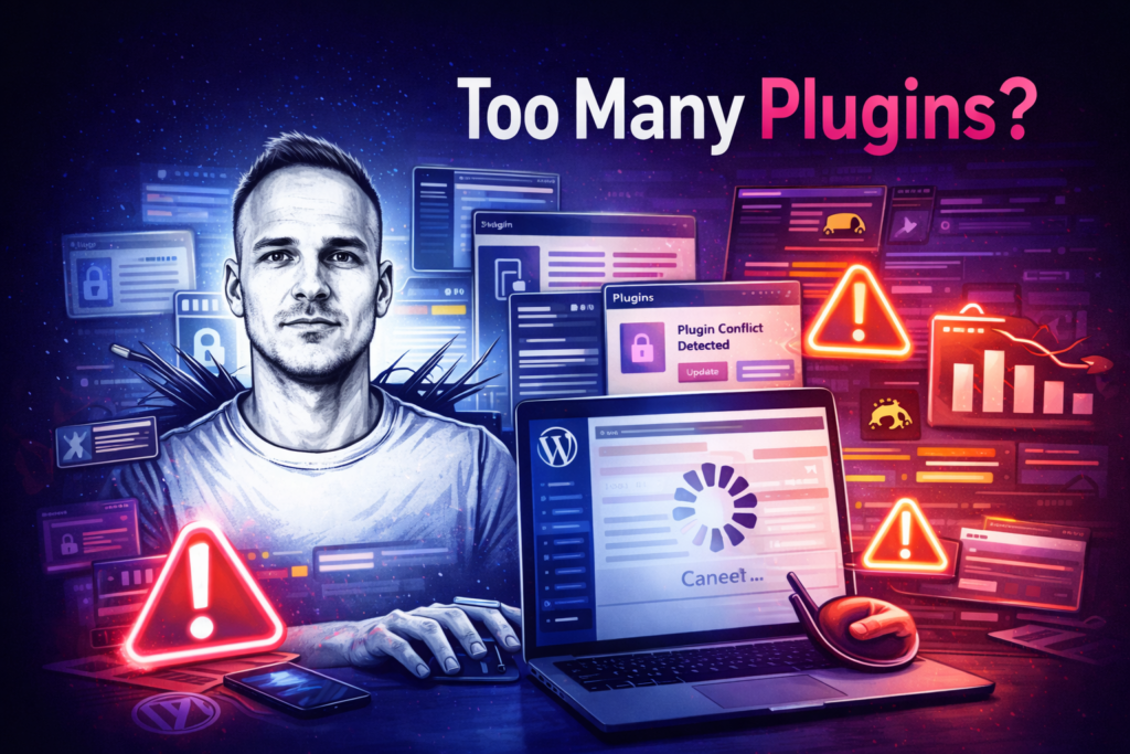 Illustrated featured image showing plugin overload causing WordPress website speed and conflict problems