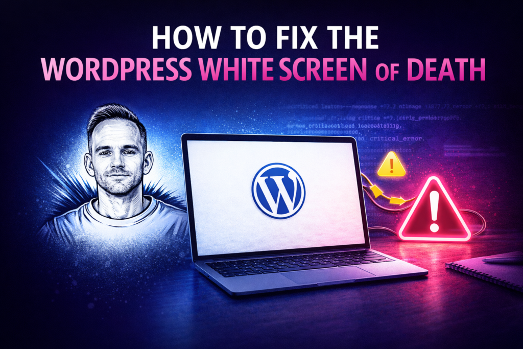 Illustration for a blog post about the WordPress white screen of death, with warning symbols, a blank WordPress screen and the usual character
