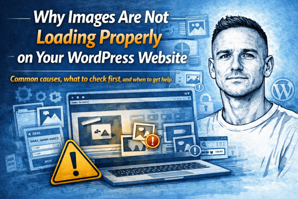 Featured image for a blog post about WordPress images not loading properly, showing Paul Walsh in a sketch-style portrait beside a laptop with missing image and warning icons