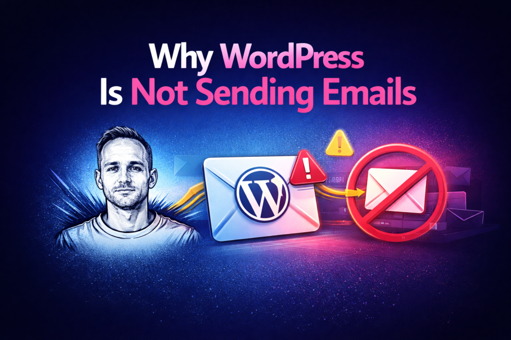 Illustration for a blog post about WordPress not sending emails, with warning symbols, email delivery visuals and the usual character