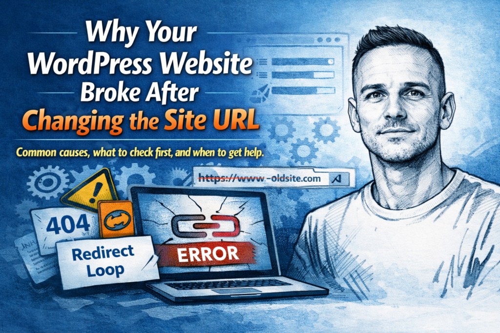 Featured image for a blog post about a WordPress website breaking after a site URL change, showing Paul Walsh in a sketch-style portrait beside a laptop with URL and redirect error warnings