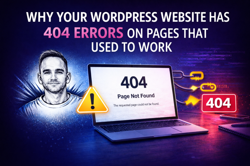 Illustration for a blog post about WordPress 404 errors on pages that used to work, with warning symbols, a 404 page and the usual character