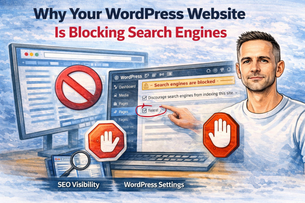 Illustration for a blog post about a WordPress website blocking search engines, with warning symbols, WordPress settings and the usual character