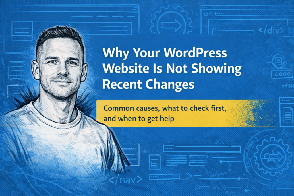 Featured image for a blog post about a WordPress website not showing recent changes, showing Paul Walsh in the usual sketch-style portrait beside a blue technical background and update-related visuals