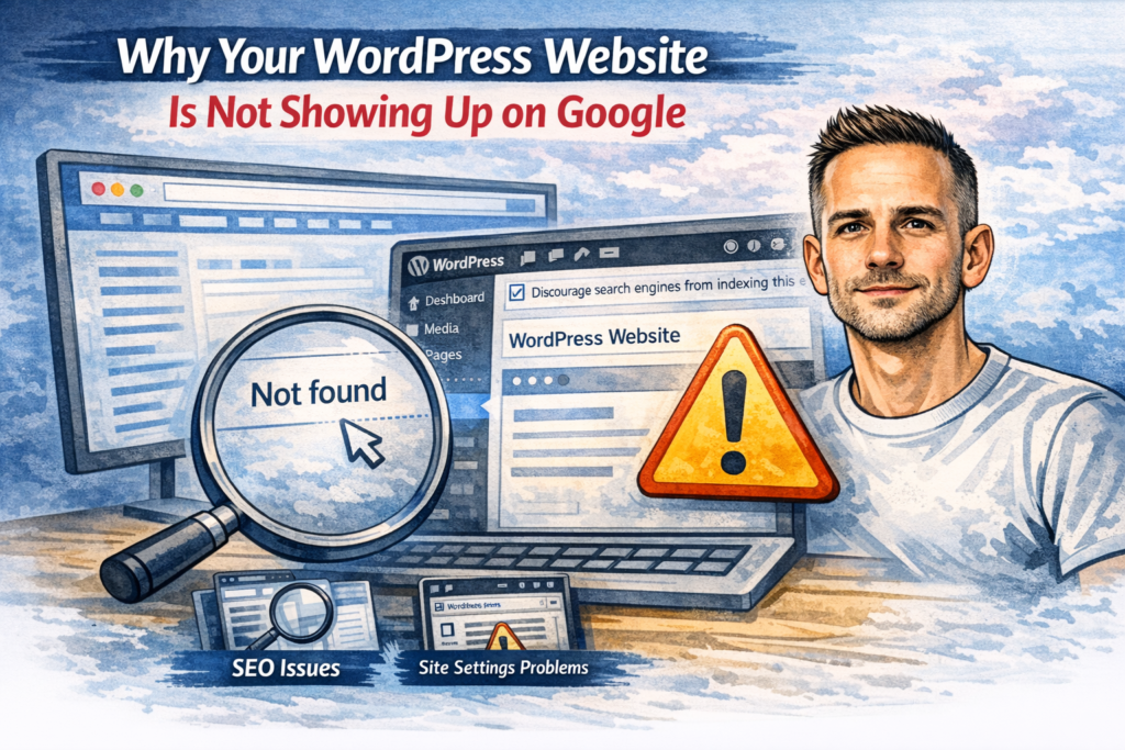 Illustration for a blog post about a WordPress website not showing up on Google, with search results, a magnifying glass, warning symbol and the usual character