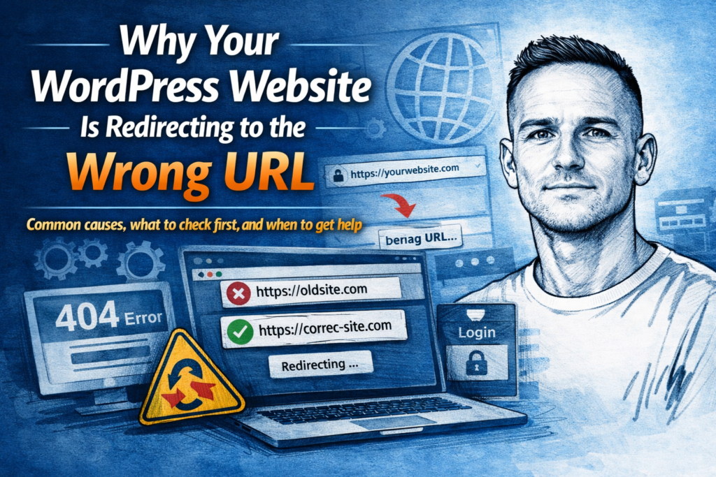 Featured image for a blog post about a WordPress website redirecting to the wrong URL, showing Paul Walsh in a sketch-style portrait beside a laptop with redirect and wrong URL warnings