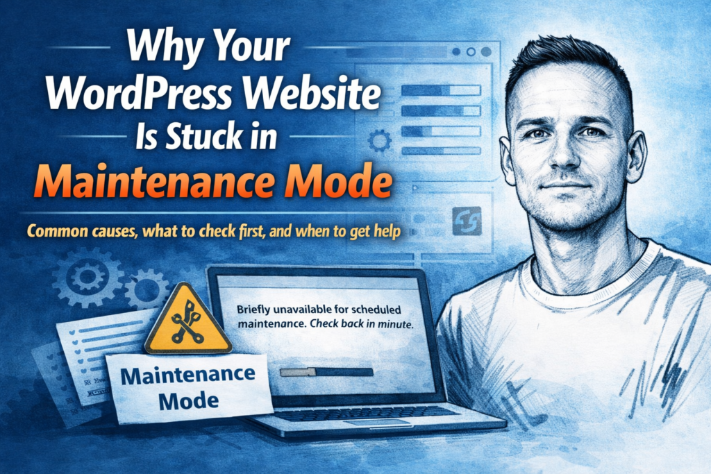 Featured image for a blog post about a WordPress website stuck in maintenance mode, showing Paul Walsh in a sketch-style portrait beside a laptop with a maintenance mode message