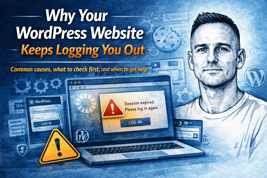 Featured image for a blog post about a WordPress website repeatedly logging users out, showing Paul Walsh in a sketch-style portrait beside a laptop with login and session warning messages
