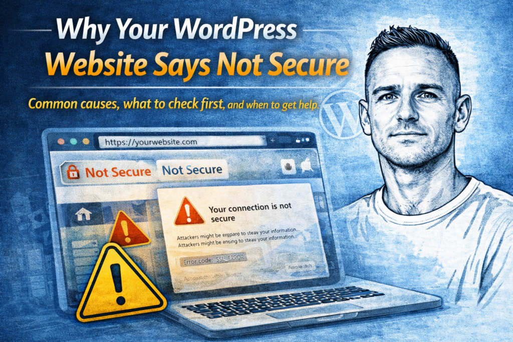 Featured image for a blog post about a WordPress website showing a not secure warning, with Paul Walsh in a sketch-style portrait beside a laptop displaying SSL and browser security alerts