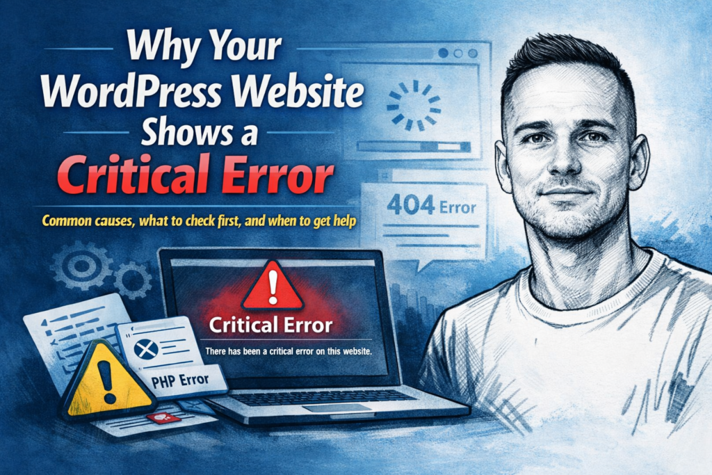 Featured image for a blog post about WordPress critical errors, showing Paul Walsh in a sketch-style portrait beside a laptop with a critical error warning