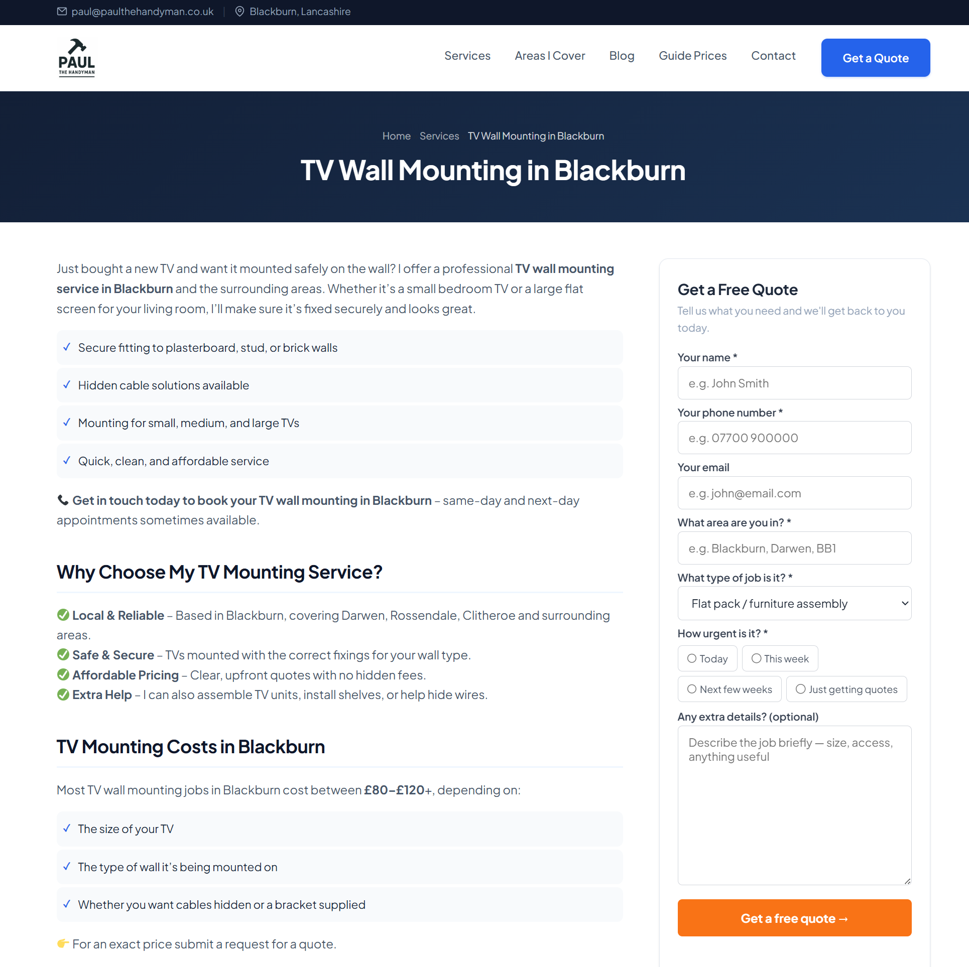 Service page with quote form